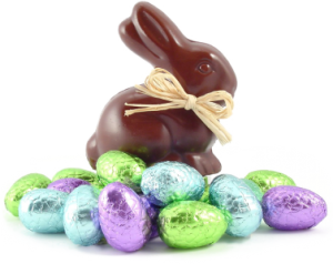 a chocolate rabbit and eggs